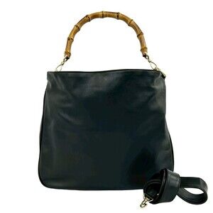 GUCCI Vintage Bamboo Leather 2-Way Handbag/Shoulder Bag, Black, 62385